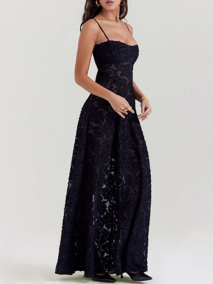 Black Floral Lace Charming Back Maxi Dress