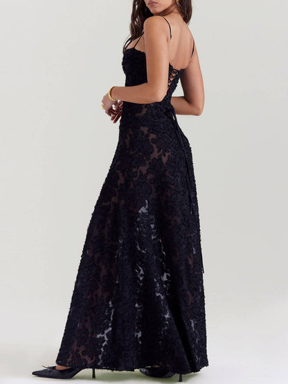 Black Floral Lace Charming Back Maxi Dress