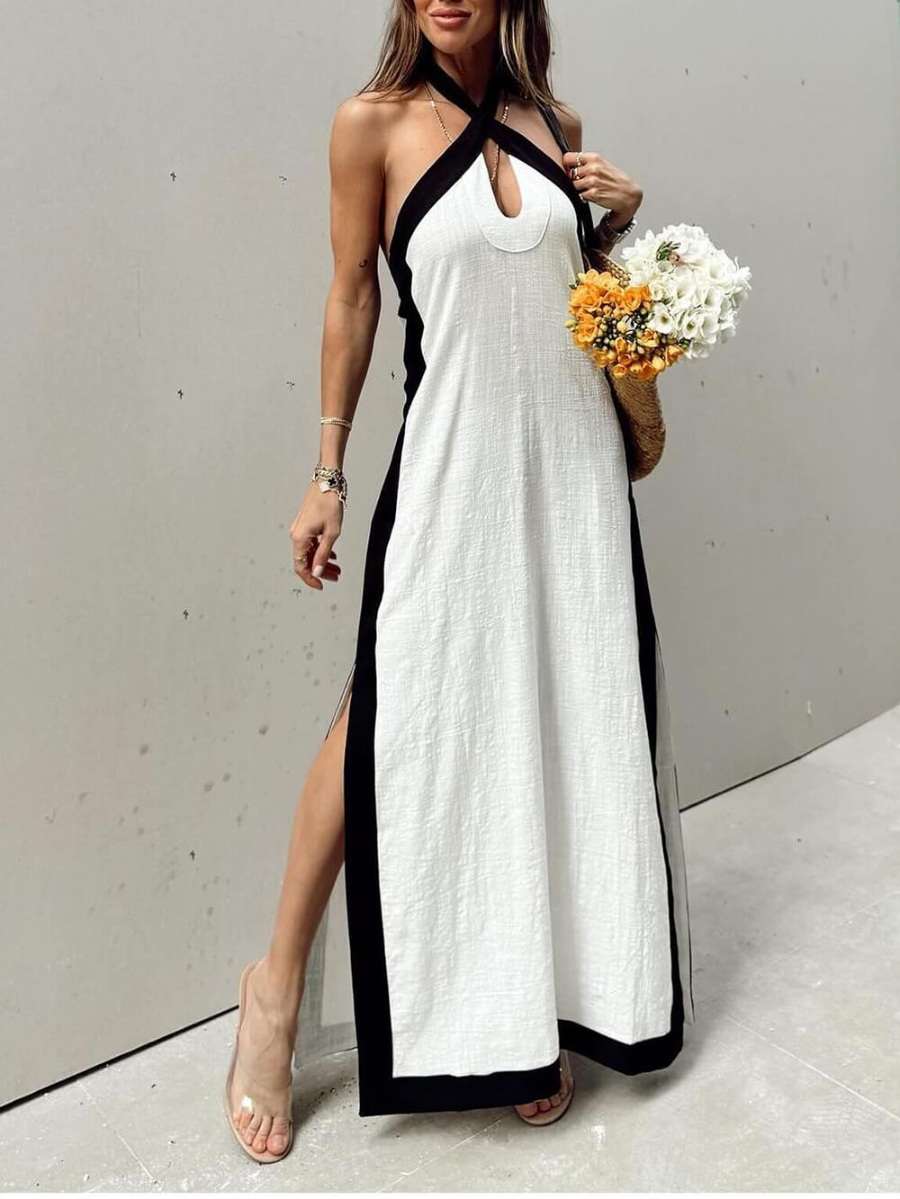 Color Block Halter Charming Neck Slit Maxi Dress