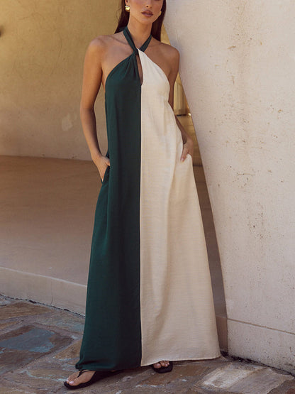 Hanging Neck Bold Contrast Color Trendy Halter Pocketed A-Line Maxi Dress