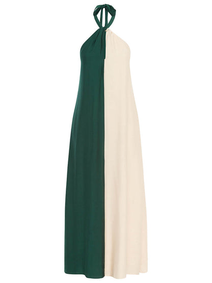 Hanging Neck Bold Contrast Color Trendy Halter Pocketed A-Line Maxi Dress