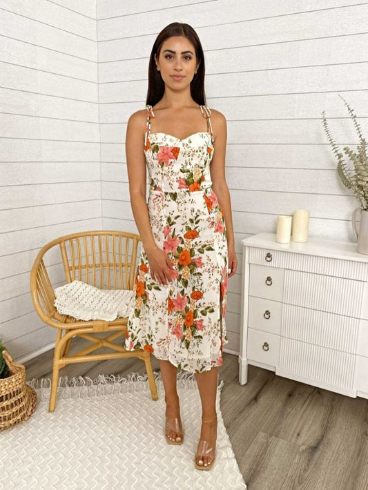 Shoulder Tying Sweetheart Floral Printed Leg Midi Dress