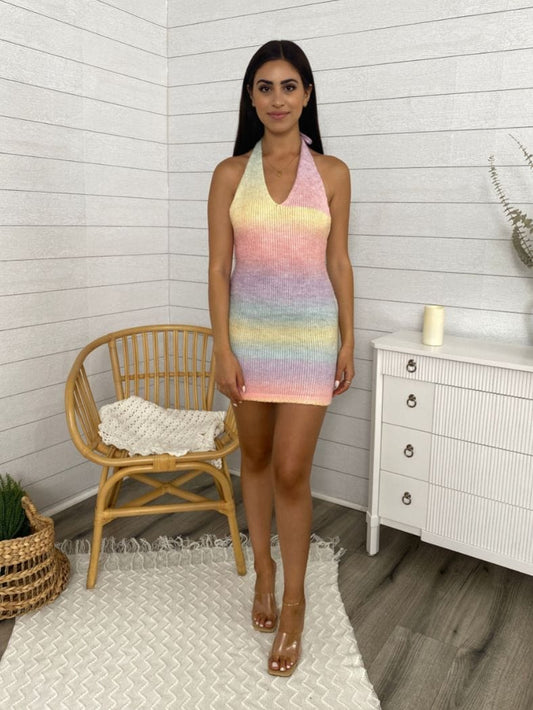 Crochet Rainbow Ombre Halter Mini Dress