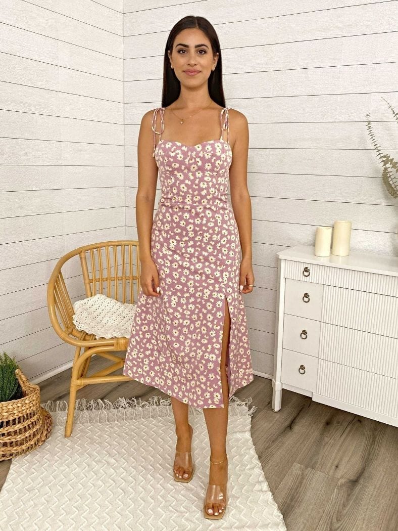 Floral Shoulder Tying Slit Midi Dress