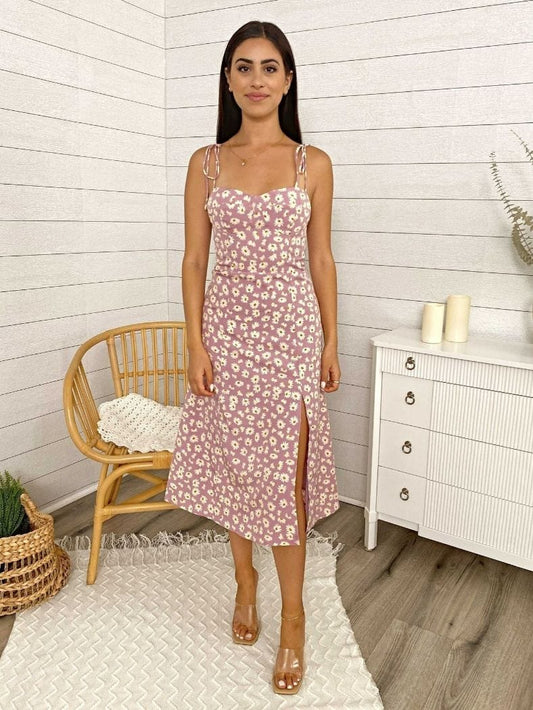 Floral Shoulder Tying Slit Midi Dress
