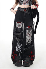 Gothic Ripped Strap Embellished Barrel Leg Jeans