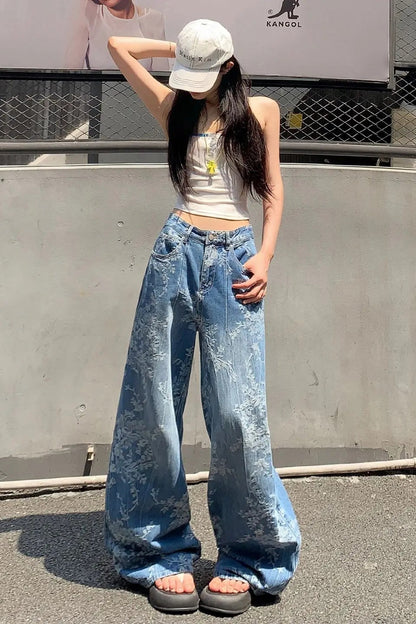 High Waisted Jacquard Baggy Jeans