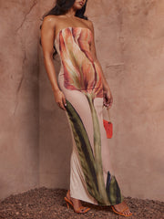 Stylish Graffiti Print Charming Sleeveless Off-Shoulder Maxi Dress