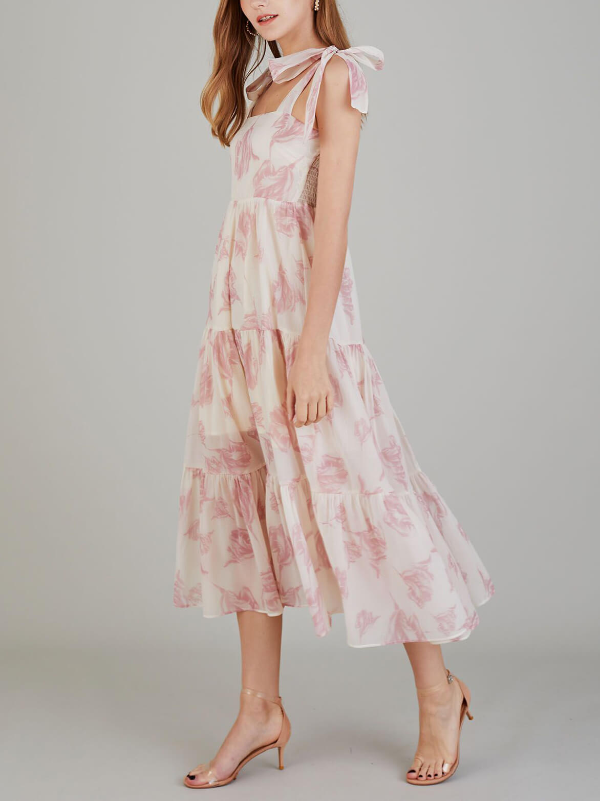 Unique Retro Sunshine Floral Graceful Print Lace-up Midi Dress