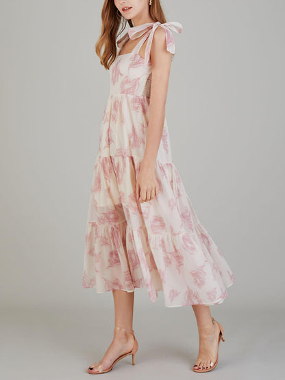 Unique Retro Sunshine Floral Graceful Print Lace-up Midi Dress