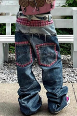 Plaid Panel Wide Leg Washed Jeans