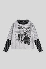Distressed Collage Graphic Striped Layered Tee