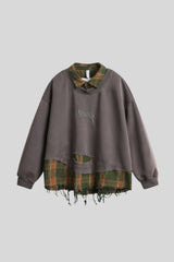 Distressed Plaid Layered Polo Collar Oversized Sweatshirt