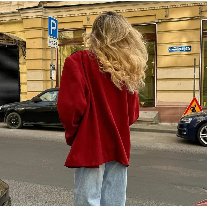 Red Suit Lapel Full Sleeve Coat Coats-241208