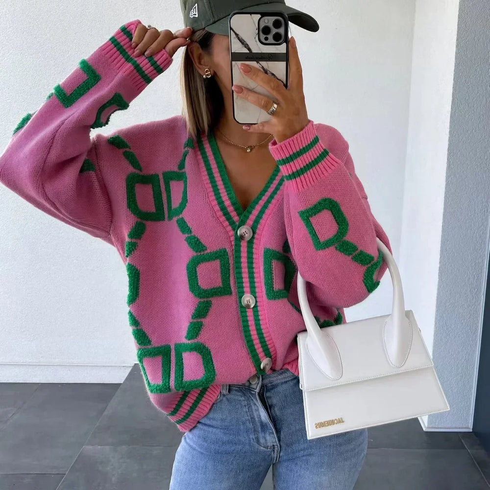 Autumn Winter Casual Loose Long Sleeve Warm Knitted V-Neck Christmas Sweater Pink / S Sweaters-L