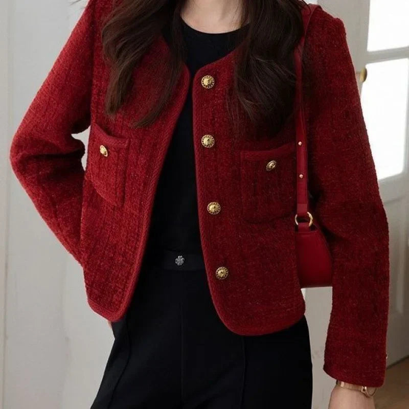 Korean Short Tweed Woolen Cardigan Wine Red / S Cardigan-241208