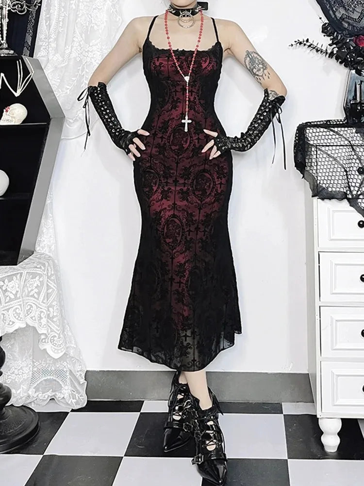 Antique Cross Design Spaghetti Midi Dress