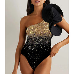 3D Flower Gold One Piece Swimsuit black2 / S onepiece-250223