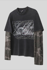 Script Graphic Camo Layered Long Sleeve T-Shirt