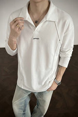 Studded Polo Collar Relaxed Fit Pullover Sweatshirt