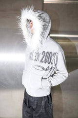 Studded Fur Hood Graphic Zip Hoodie