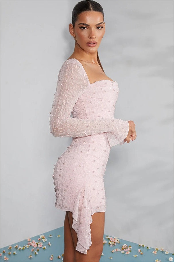 Sequined Beaded Square Neck Long Sleeve Bodycon Party Dress