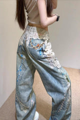 3D Lace Pearl Applique Wide Leg Jeans