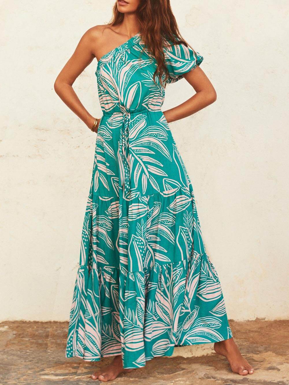 Palm Leaf Print Off-Shoulder Graceful Holiday Style Floral Dress