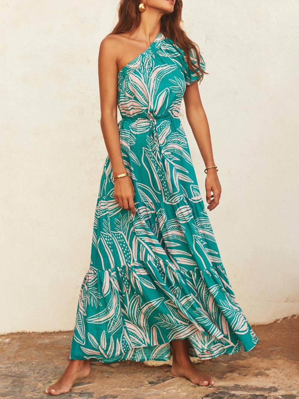 Palm Leaf Print Off-Shoulder Graceful Holiday Style Floral Dress