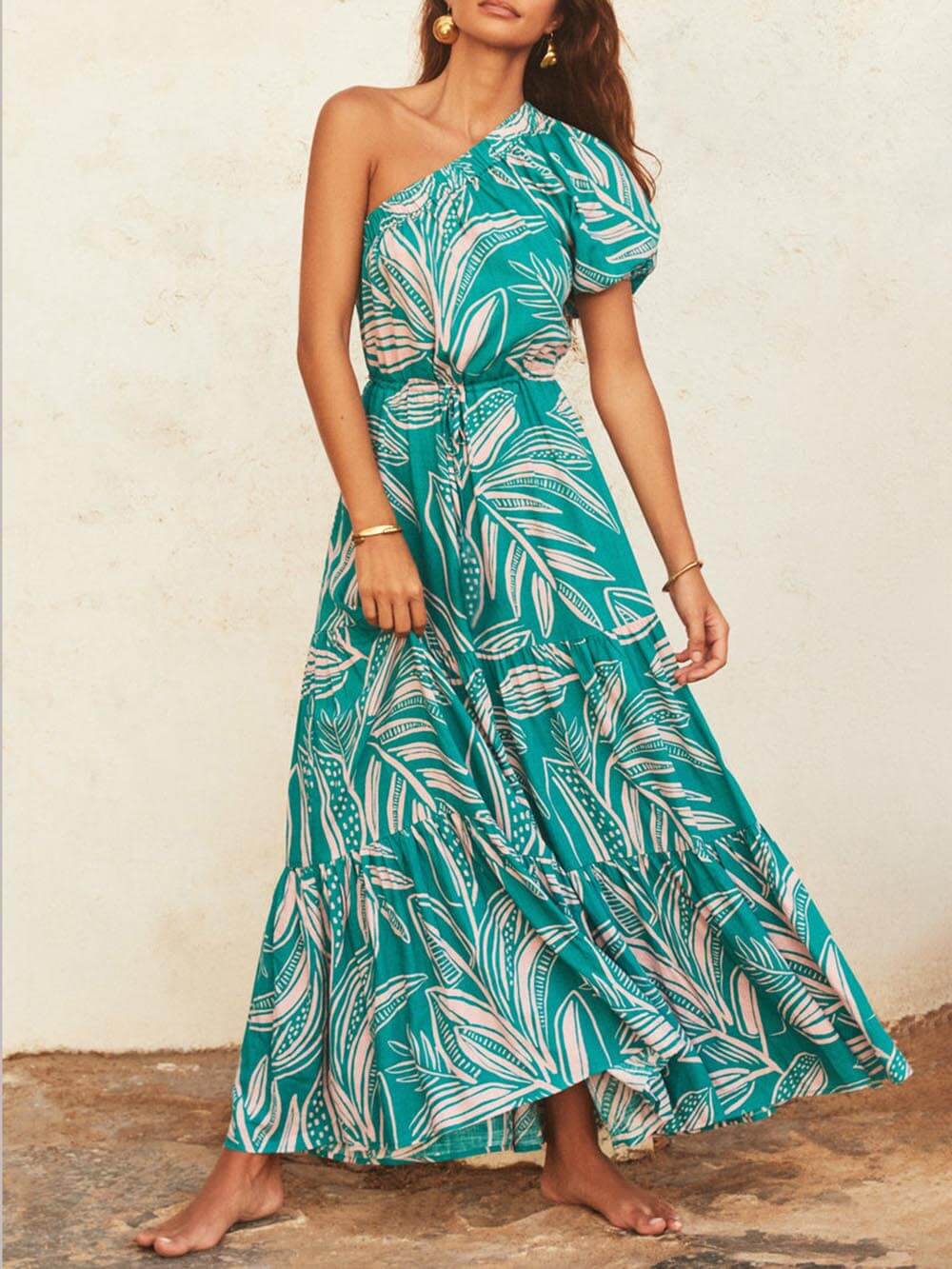 Palm Leaf Print Off-Shoulder Graceful Holiday Style Floral Dress