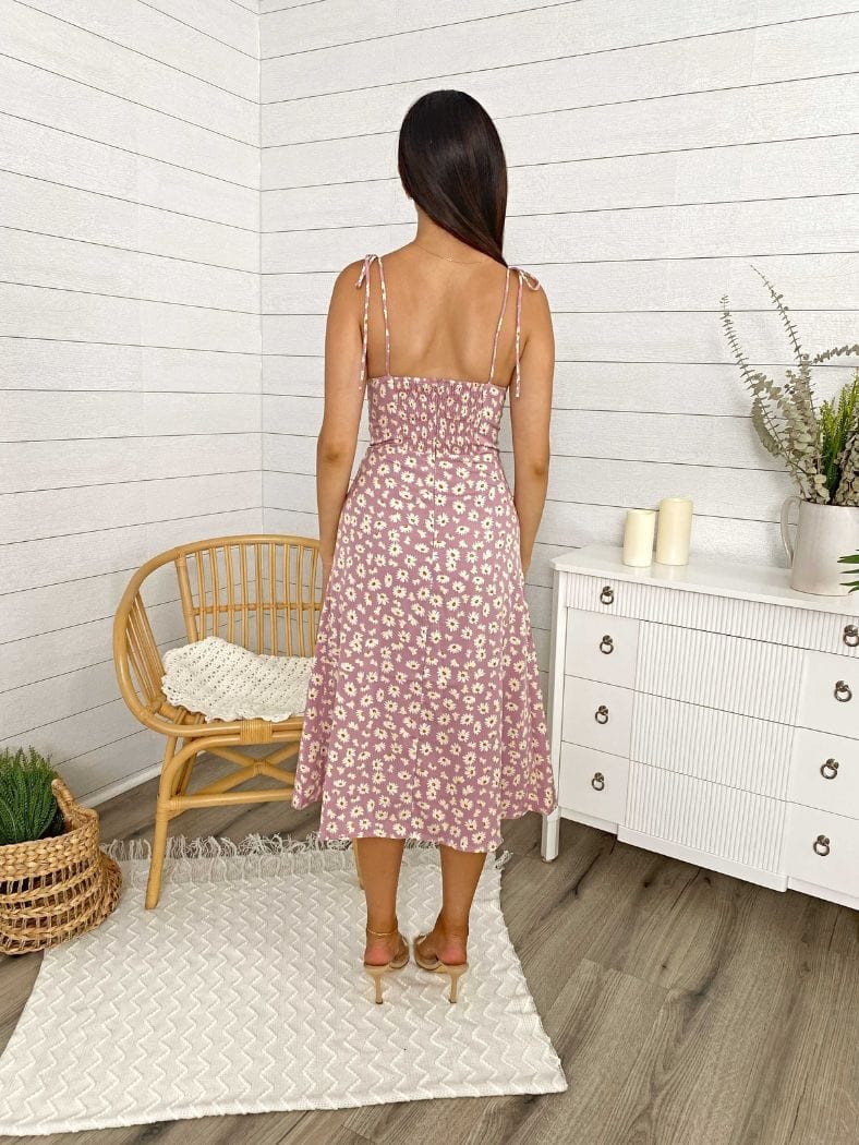 Floral Shoulder Tying Slit Midi Dress