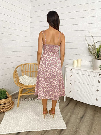 Floral Shoulder Tying Slit Midi Dress