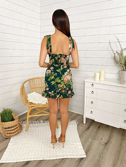 Green Floral Tie Mini Ruffled Dress