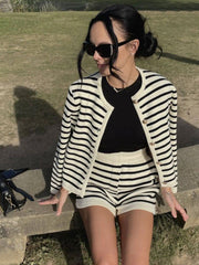 Casual Round Neck Striped Knit Cardigan Sweater Set