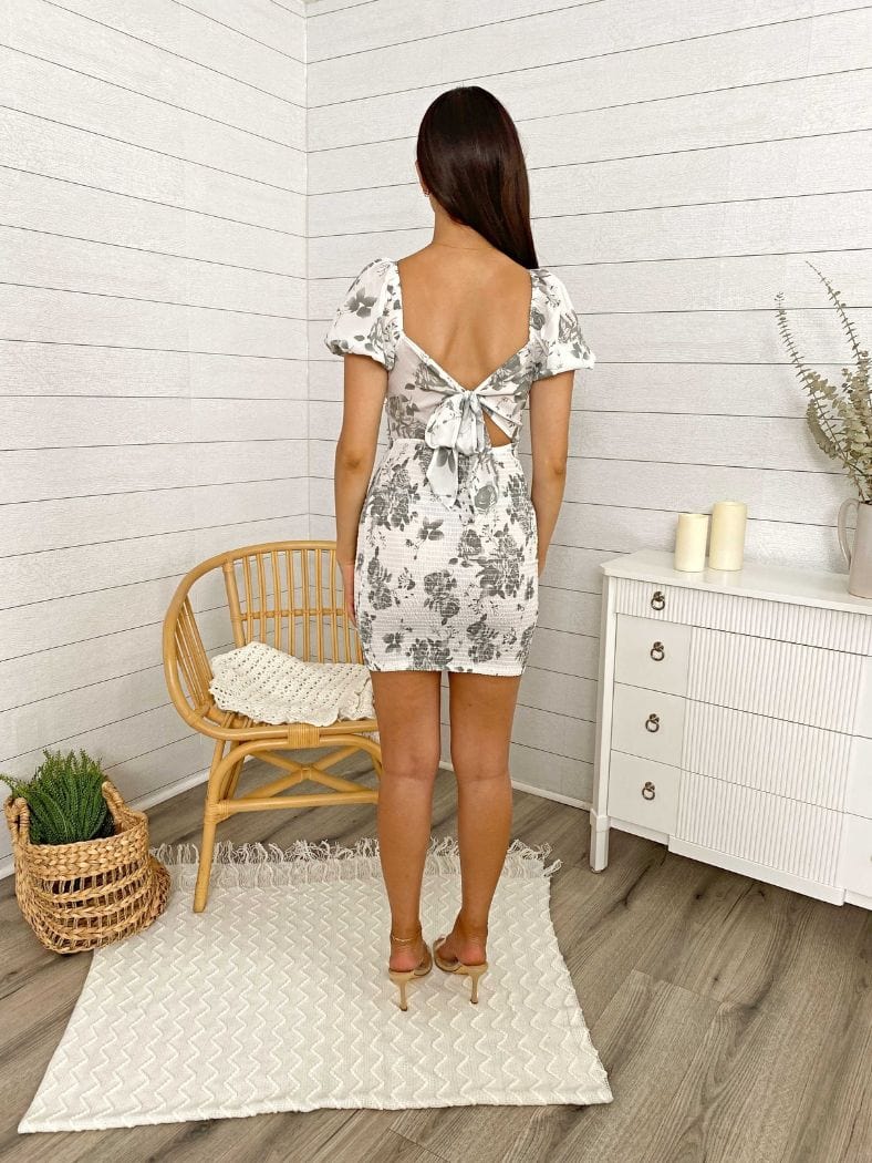Printed Puff Sleeve Low Back Mini Dress
