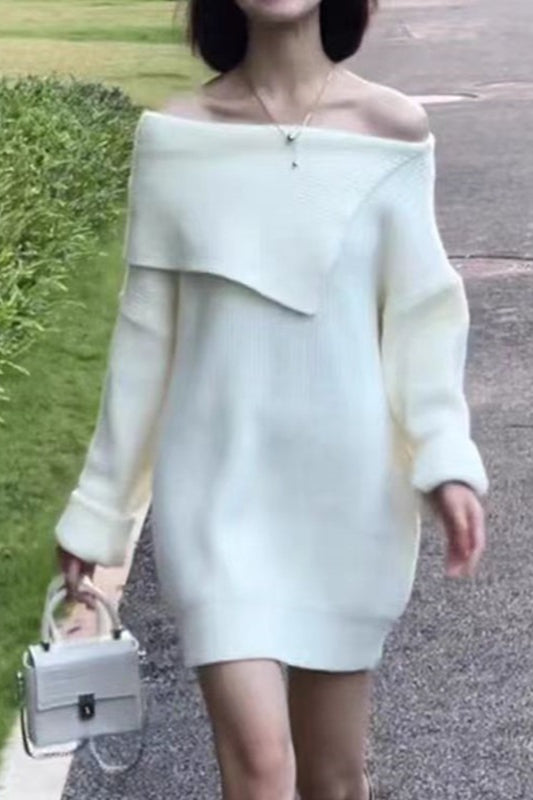 Relaxed Effortless Boat Neck Midi Knit Sweater Dress