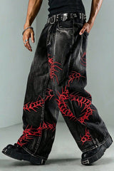 Centipede Embroidered Distressed Flared Denim Jeans