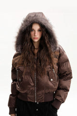 Fur Hood Newspaper Patch Cropped Puffer Jacket