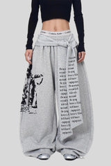 Layered Typography Ribbon Barrel Leg Sweatpants