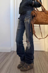 Studded Ripped Flared Vintage Wash Jeans