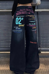 Colorful Slogan Printed Wide Leg Denim Jeans