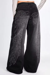 Wing Graphic Rhinestone Wide Leg Jeans