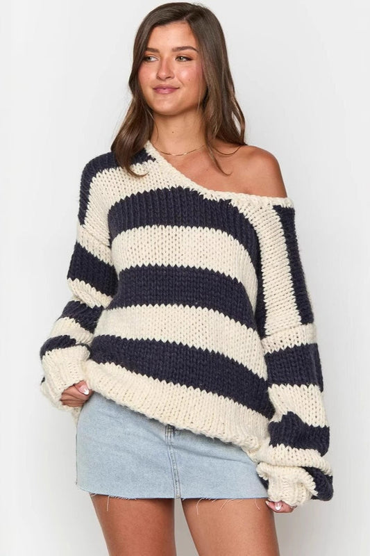 Striped Off Shoulder Knit Sweater