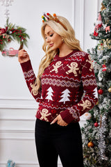 Christmas Cozy Color Block Gingerbread Man Print Sweater