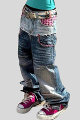 Plaid Panel Wide Leg Washed Jeans