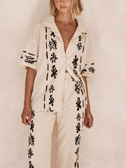 Black Printed Cream Wide Leg Pants-Set