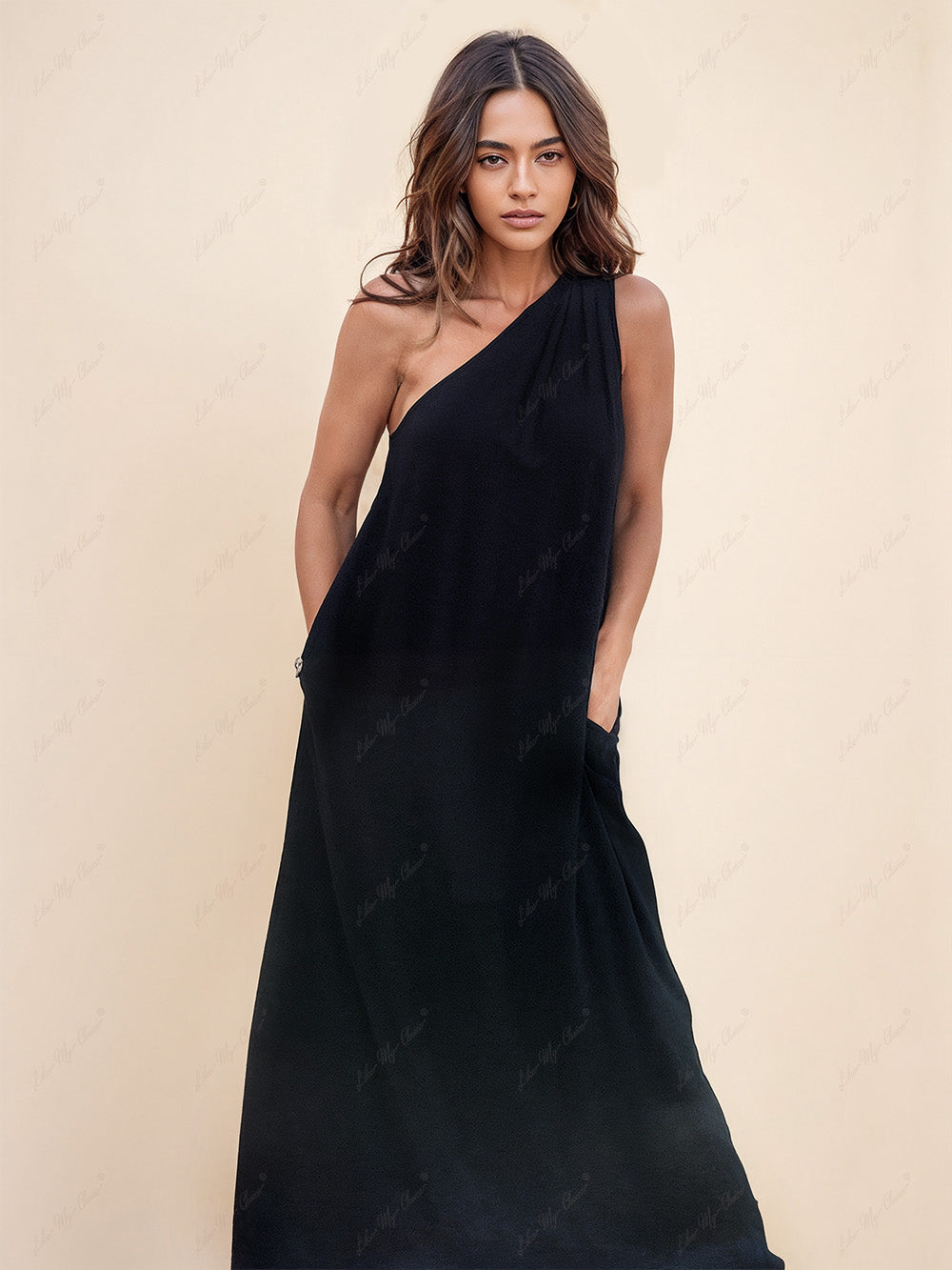 Loose One-Shoulder Sleeve Charming Pleated Pocket Dress