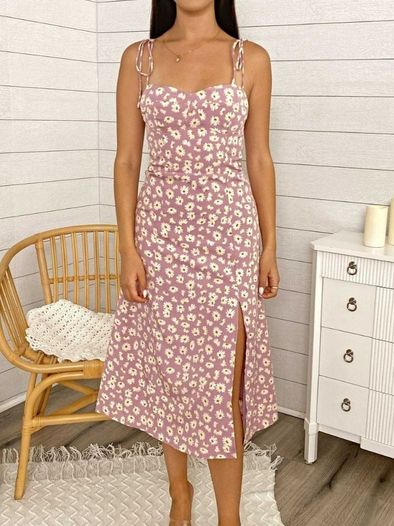 Floral Shoulder Tying Slit Midi Dress