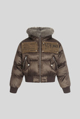 Fur Hood Newspaper Patch Cropped Puffer Jacket