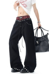 Rock Typography Stud Double Waist Jeans